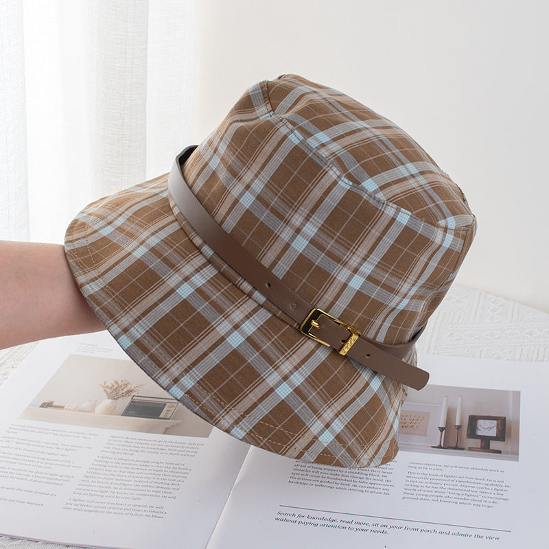 Wholesale British Vintage Plaid Fisherman Hat Children's Belt Buckle Sun Protection Basin Hat Face Showing Small Sun Hat